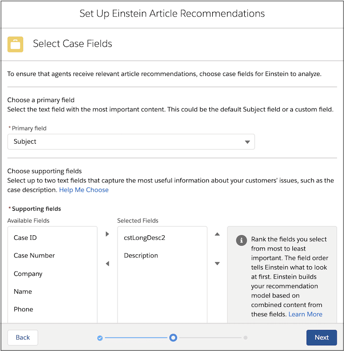 Set up Einstein Article Recommendations : select case fields