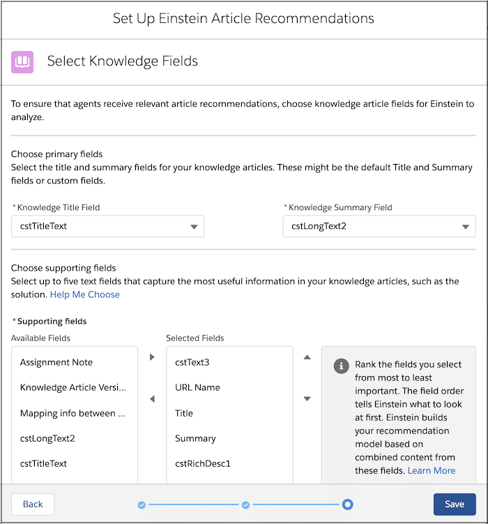 Set up Einstein Article Recommendations : select knowledge fields